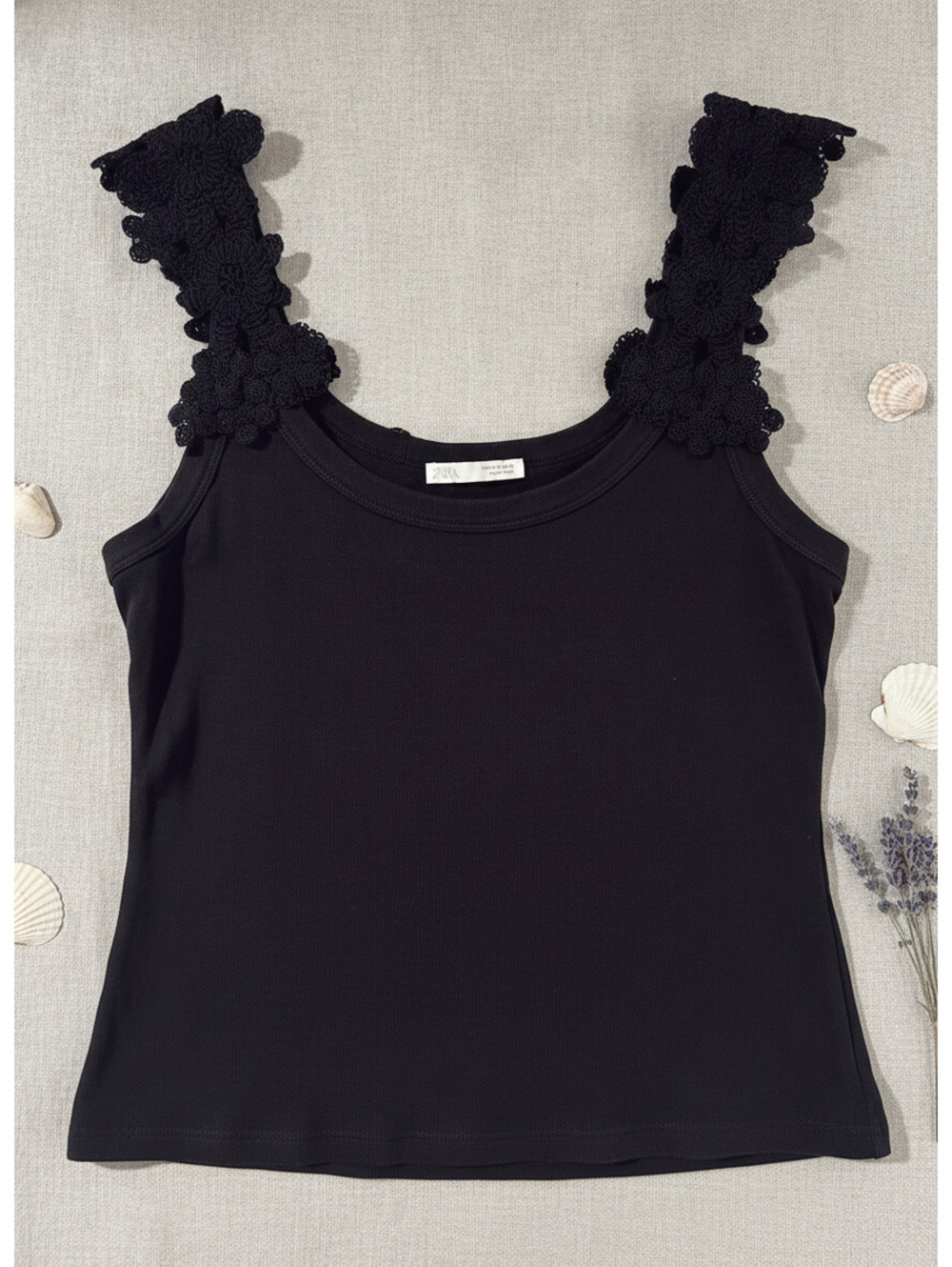 Zara Black Tank Top with Floral Crochet Straps, Size M